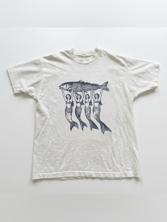 Gildan Tops - Mermaids Holding Fish Linocut White Cottagecore Graphic T-Shirt